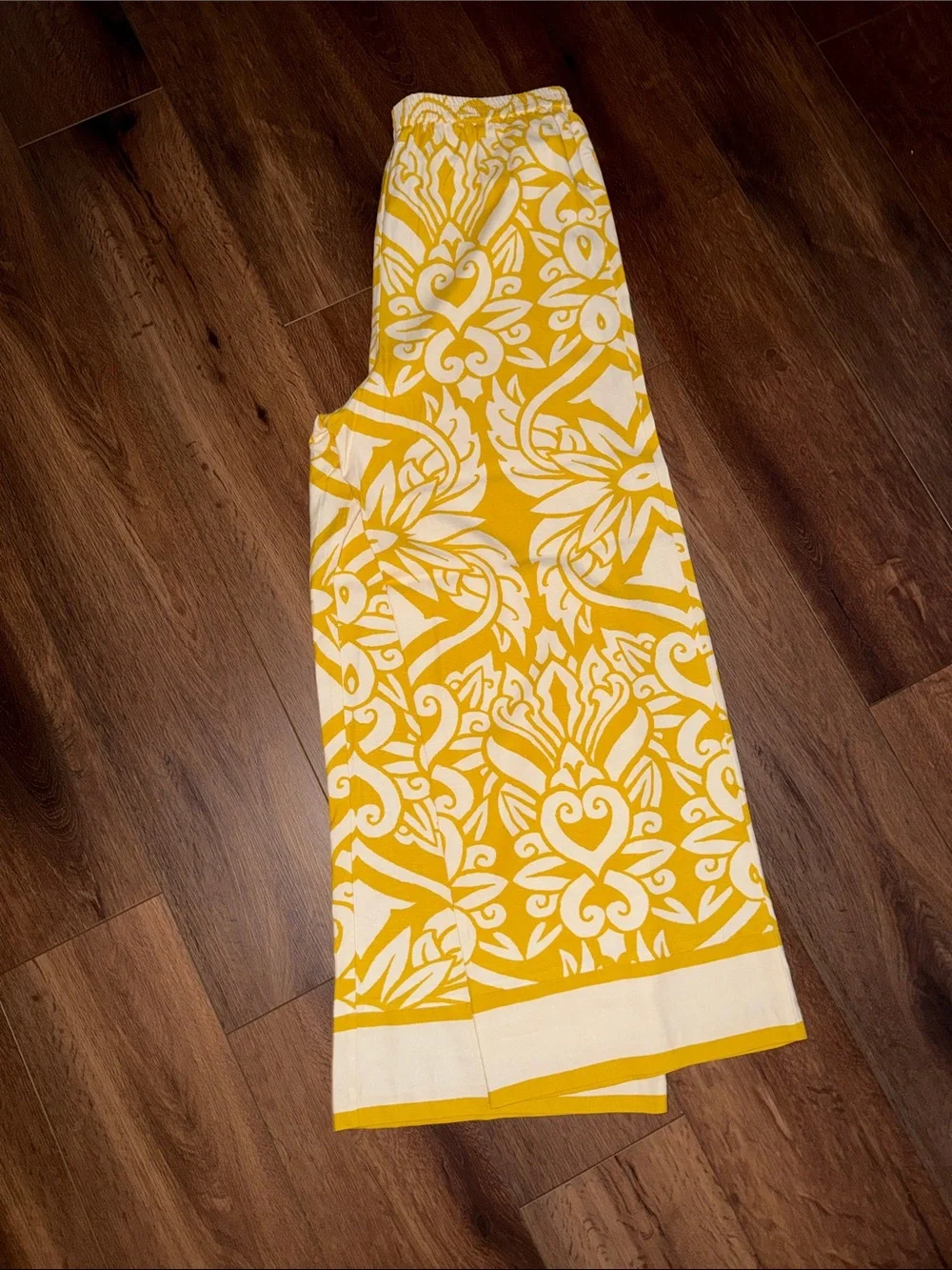 Medium Yellow & White Linen Blend Printed Wide-Leg Pull-On Pants
